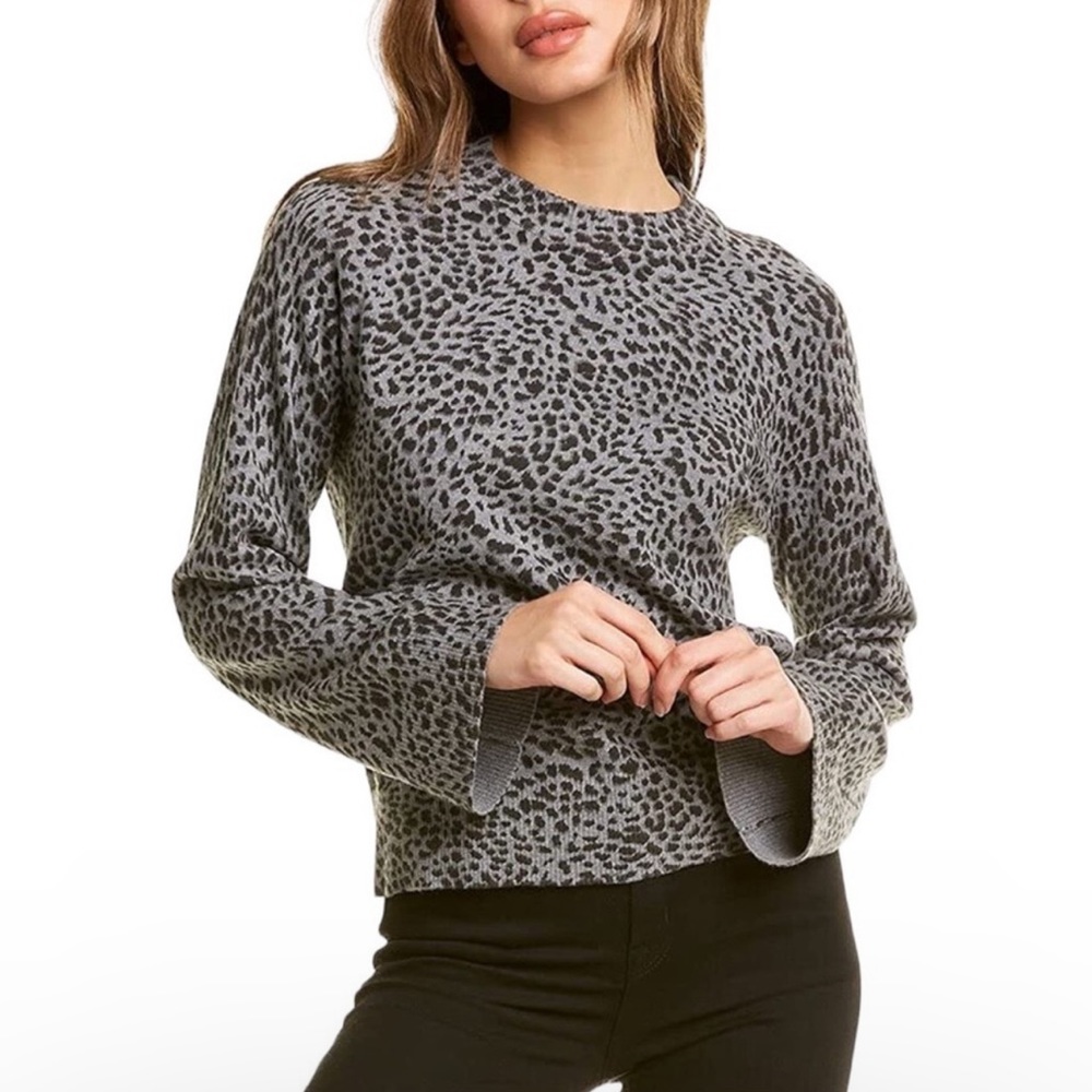 Monrow Cashmere Blend Mini Leopard Mock Neck Sweater Size S
